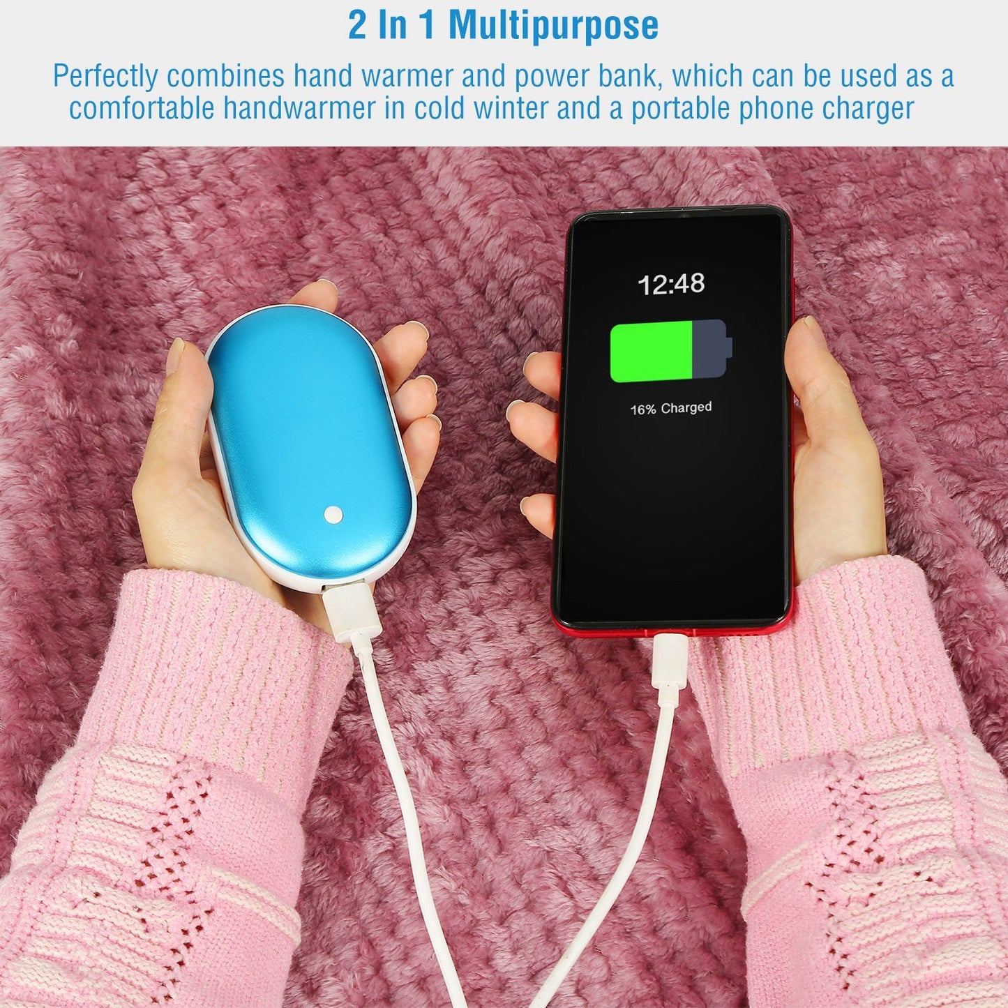 2-in1 Double-Sided Pocket Hand Warmer and 5000mAh Power Bank, Fully Rechargeable