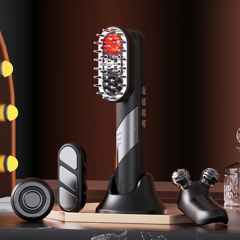 Black Massager with multiple replaceable heads on a dark background