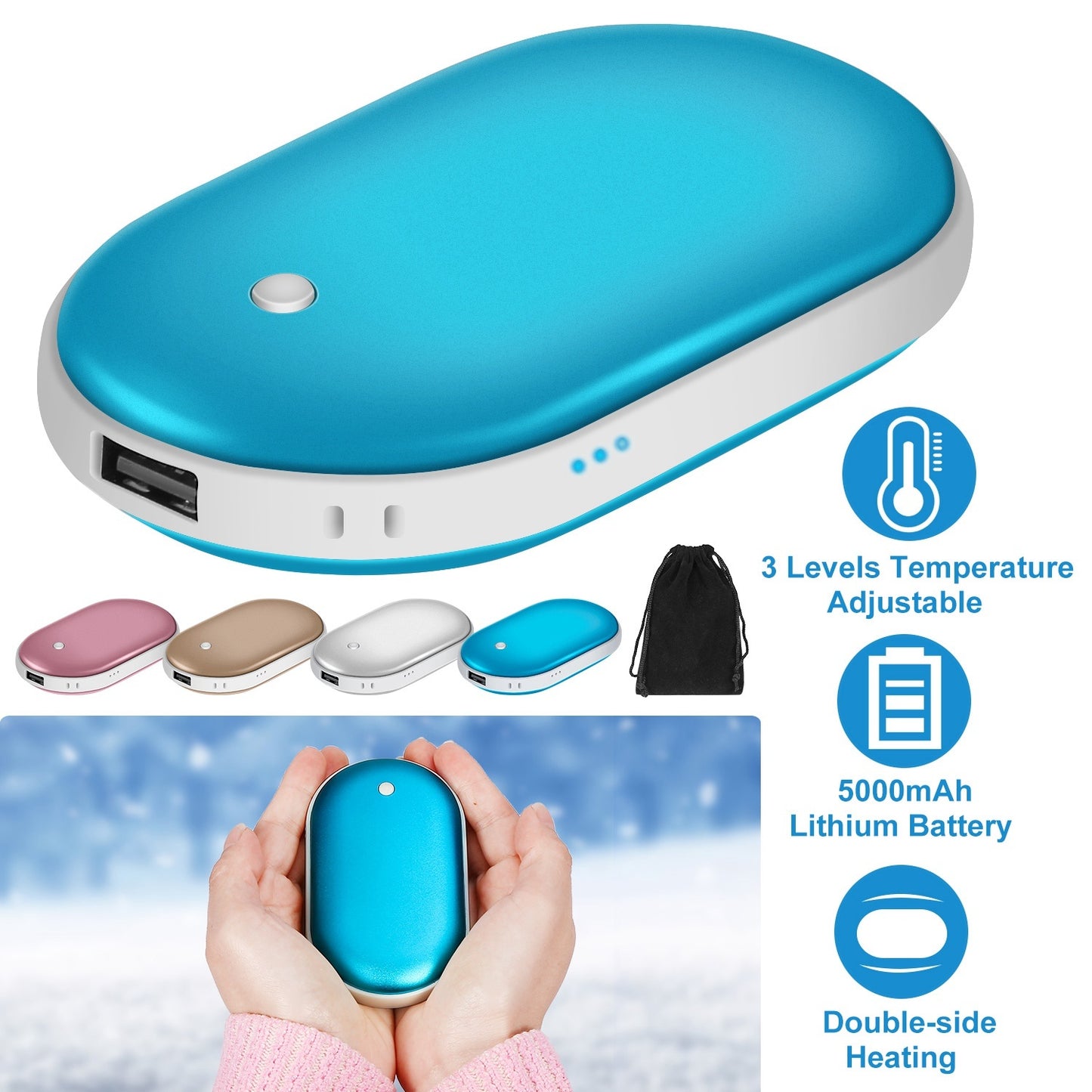 2-in1 Double-Sided Pocket Hand Warmer and 5000mAh Power Bank, Fully Rechargeable