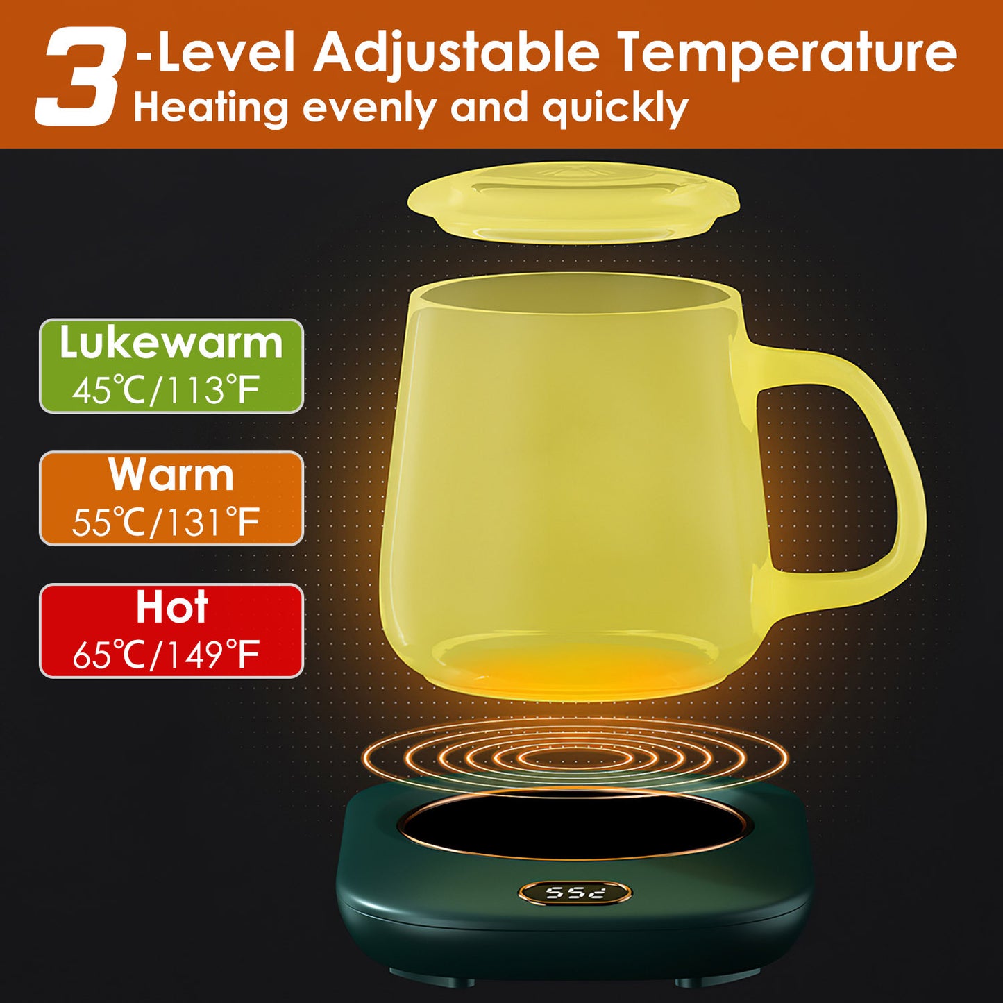 Waterproof Coffee Mug Warmer  with 3 Temperature Setting(45℃/113℉, 55℃/131℉, 65℃/149℉)