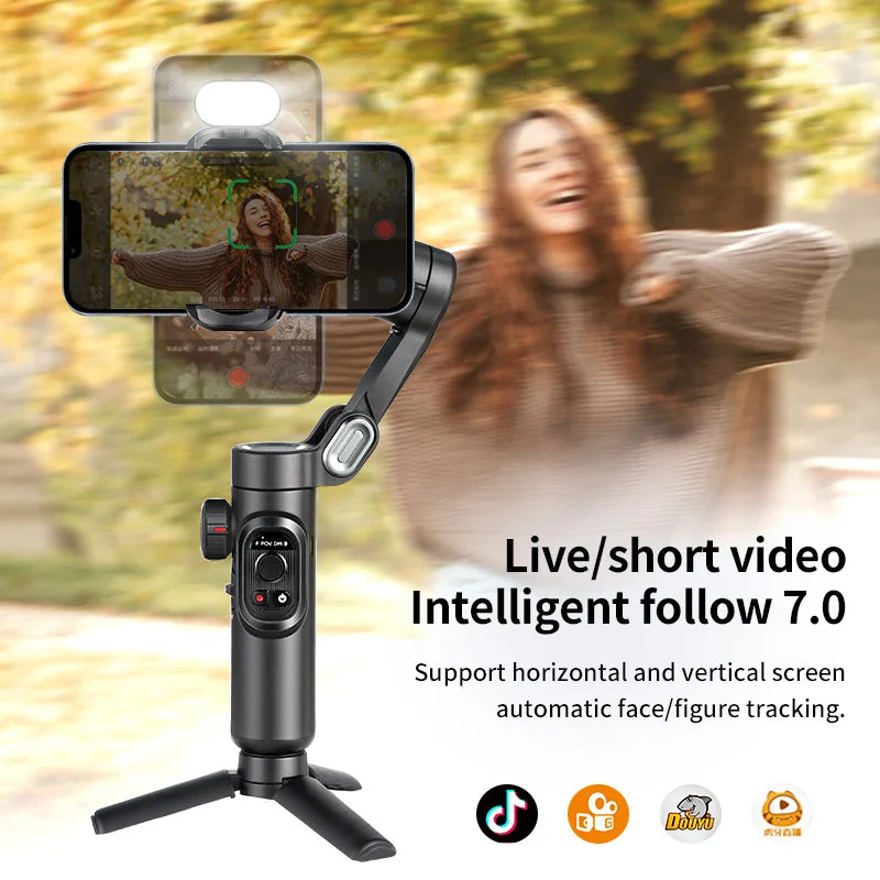 Smartphone with a gimbal stabilizer in front of a woman outdoors, with text about live/short video intelligent follow feature.