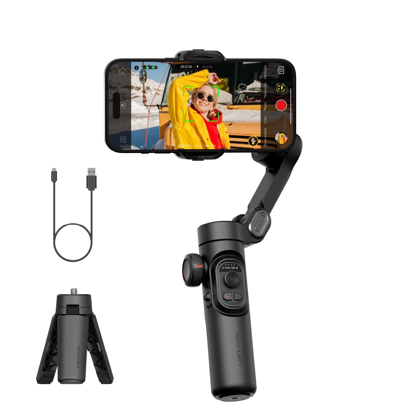 Handheld camera stabilizer with smartphone attached on a white background