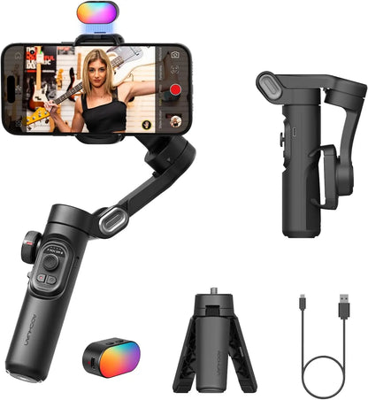 Handheld camera stabilizer with smartphone holder and accessories on a white background