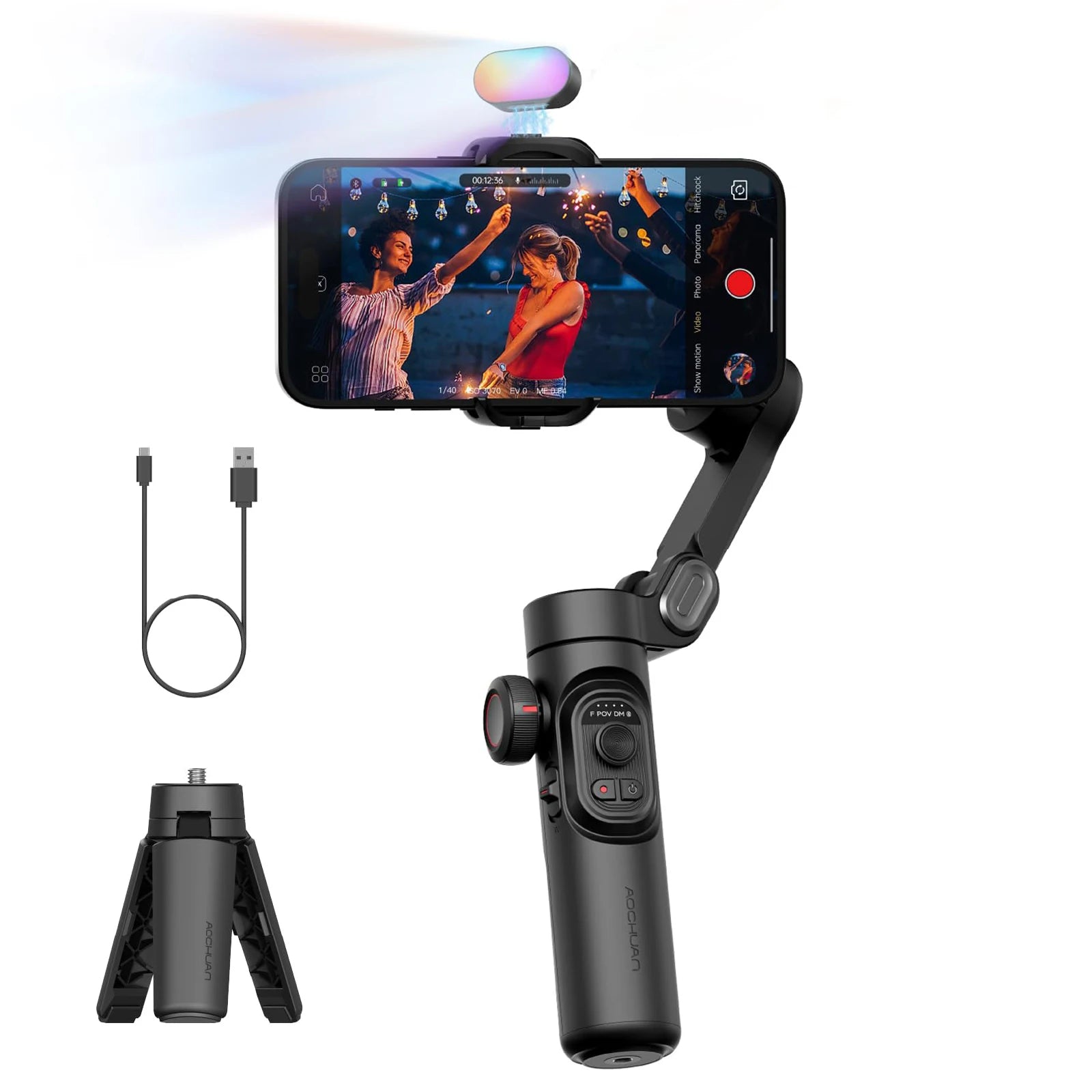 Smartphone mounted on a gimbal with smartphone screen displaying a video call, on a white background.