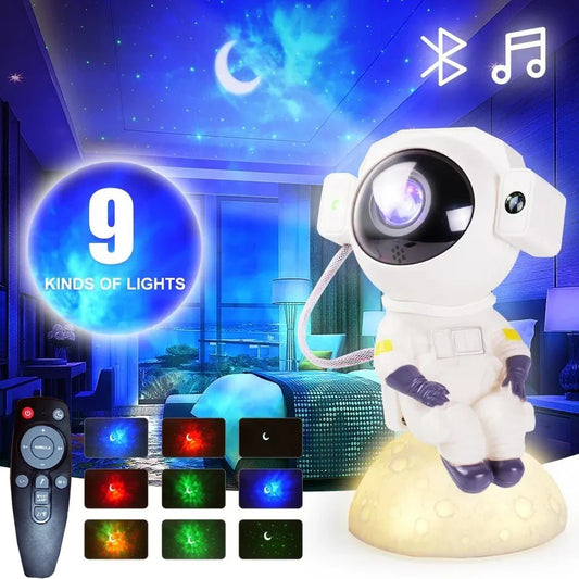 Astronaut-shaped night light with remote control and various light modes displayed in a room setting.