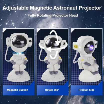 Adjustable magnetic astronaut projector with rotating head on a space-themed background