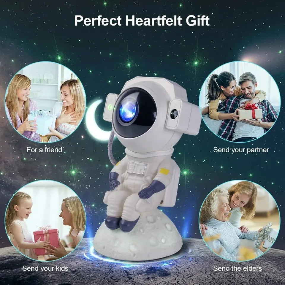 White astronaut toy with a blue light on a starry background, labeled as a 'Perfect Heartfelt Gift'.