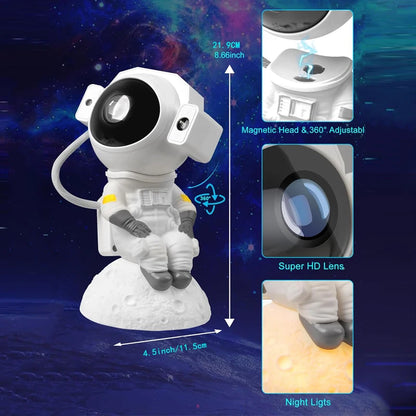 Astronaut-shaped night light with features highlighted on a space-themed background