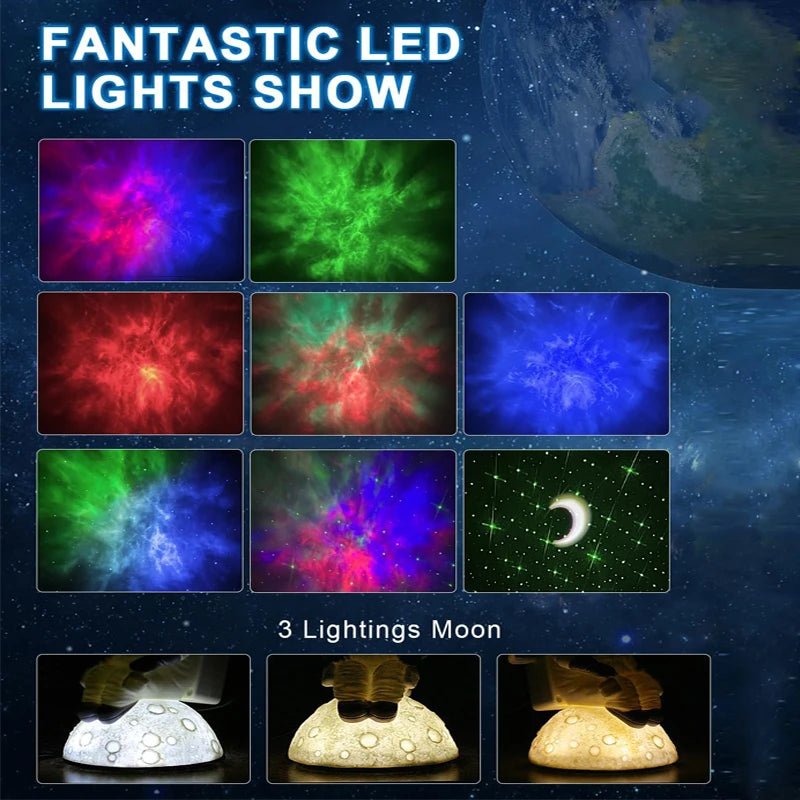 LED lights with various colorful displays and moon designs on a space-themed background.
