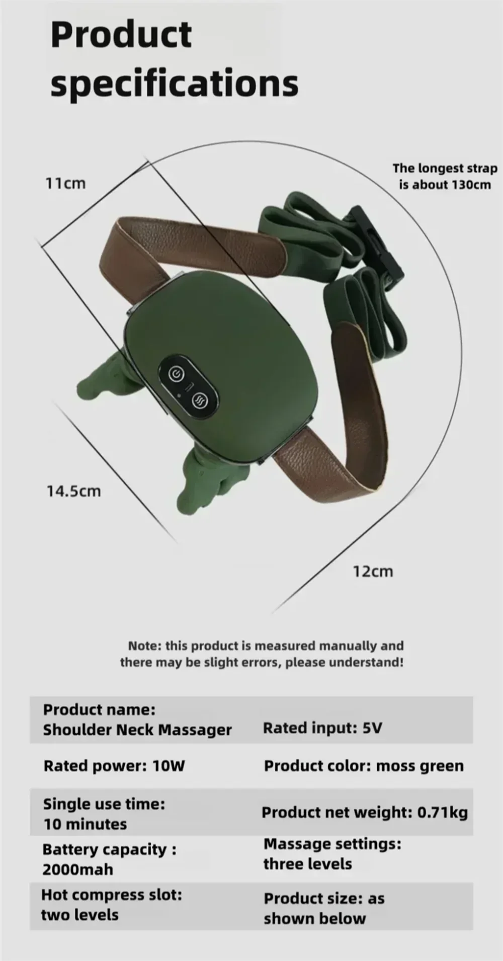 Product specifications of a green shoulder neck massager with measurements and technical details.