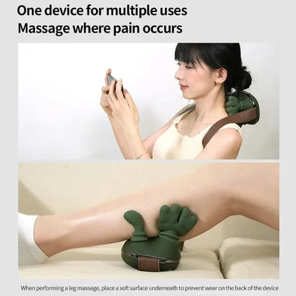 Woman using a handheld massage device on her arm with text about multiple uses and pain relief.