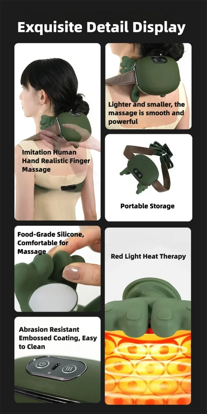 Product features of a massage tool with text highlighting its attributes.