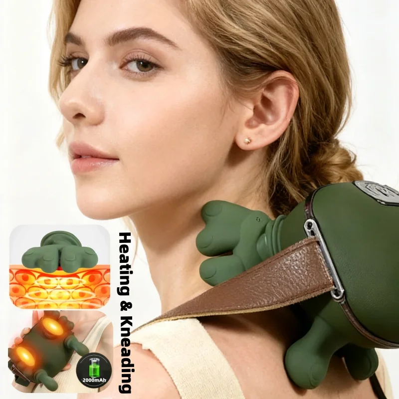 Woman using a green neck and shoulder massager with close-up inset showing heating element.