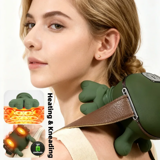 Woman using a green neck and shoulder massager with close-up inset showing heating element.