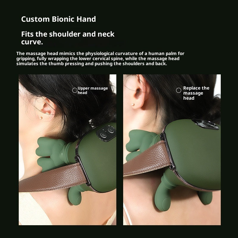 Green massage device for shoulders and neck with text explaining its features.