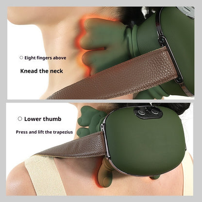 Neck and shoulder massager with usage instructions on a gray background
