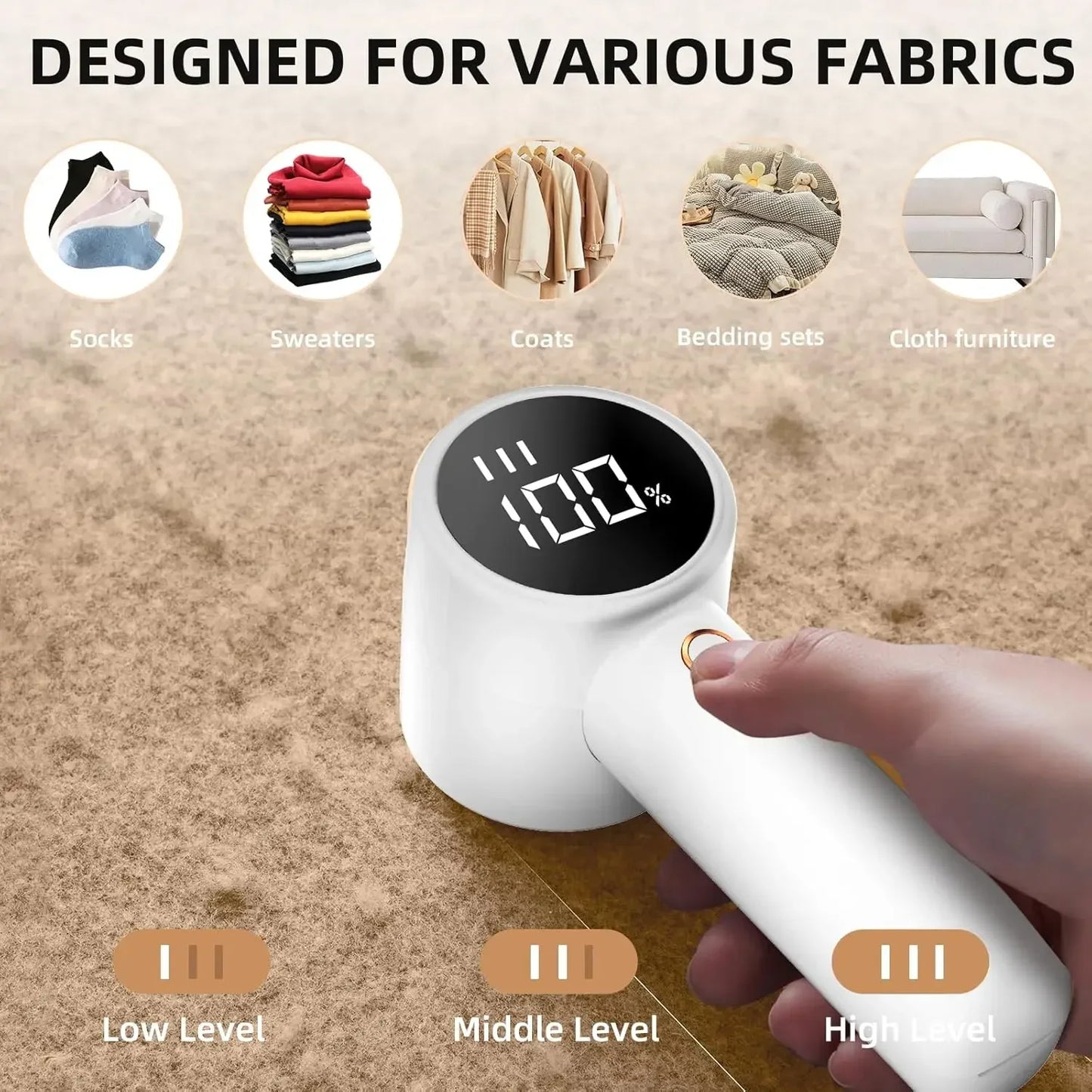 Handheld fabric tester with digital display on a textured fabric background, showing various fabric types.