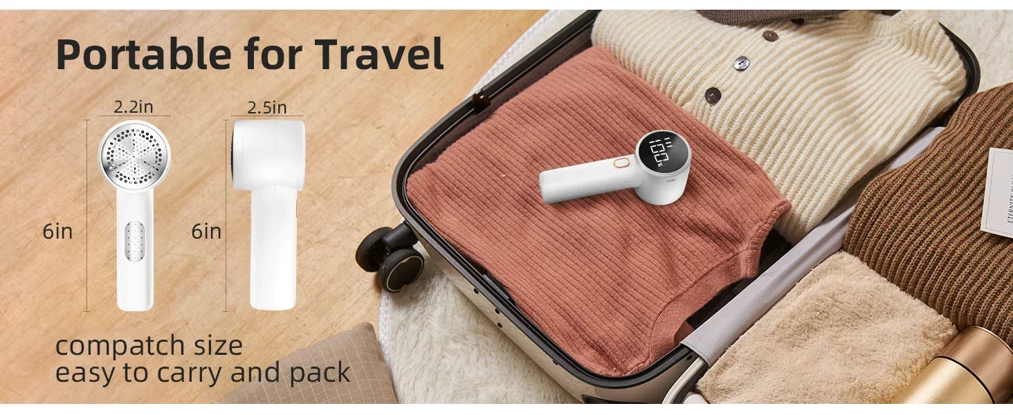 Portable travel-sized product with dimensions displayed, placed inside a suitcase.