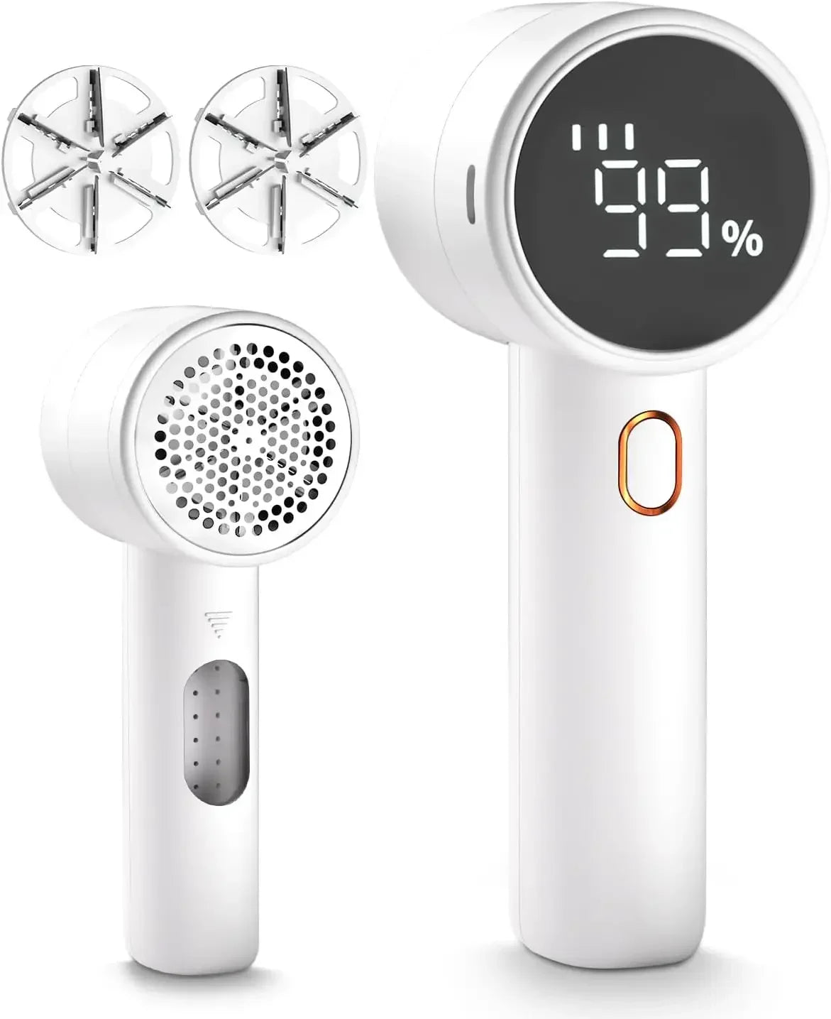 Handheld device with digital display and nozzle attachments on a white background