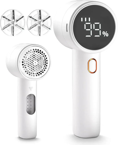 Handheld device with digital display and nozzle attachments on a white background