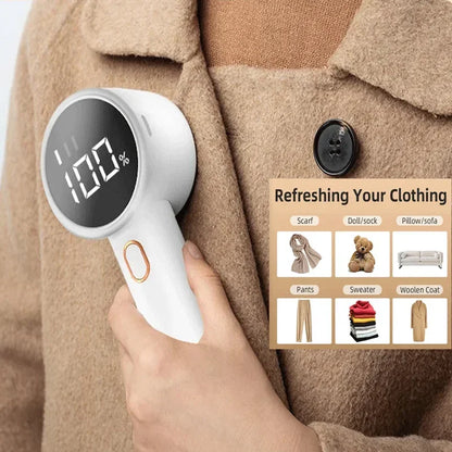 Handheld device with digital display on a coat, used for clothing care.