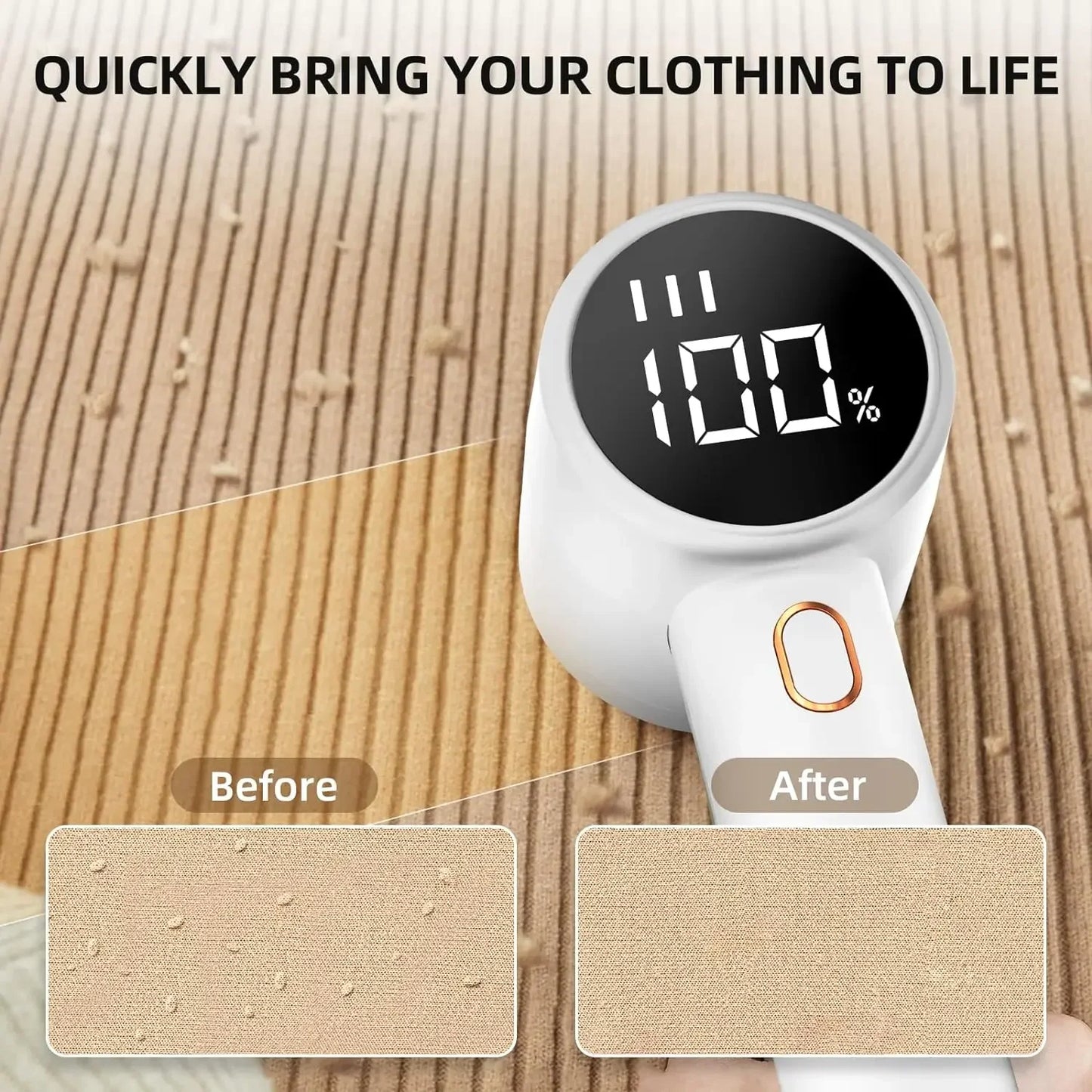 Digital device showing a digital reading on a wooden surface with 'Before' and 'After' fabric samples.