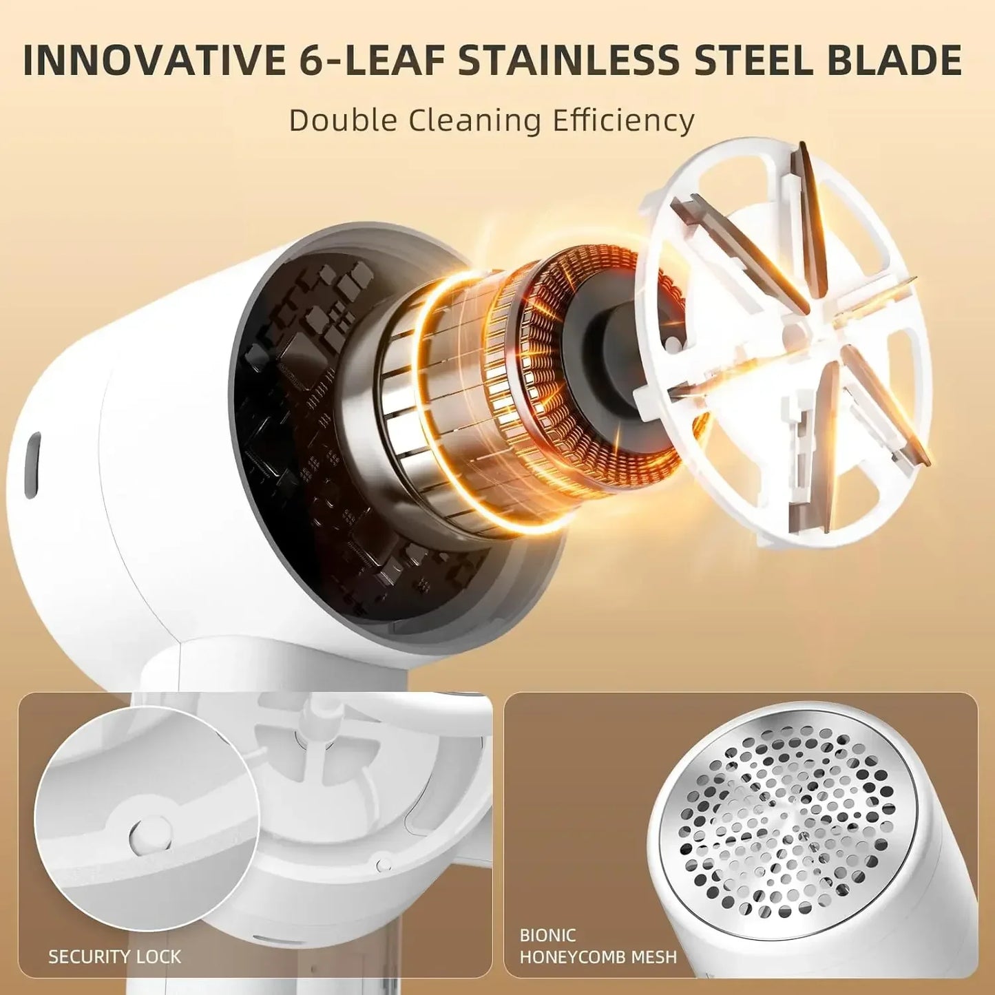 Innovative 6-leaf stainless steel blade with double cleaning efficiency on a beige background