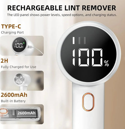 Rechargeable lint remover with digital display and charging information on a beige background