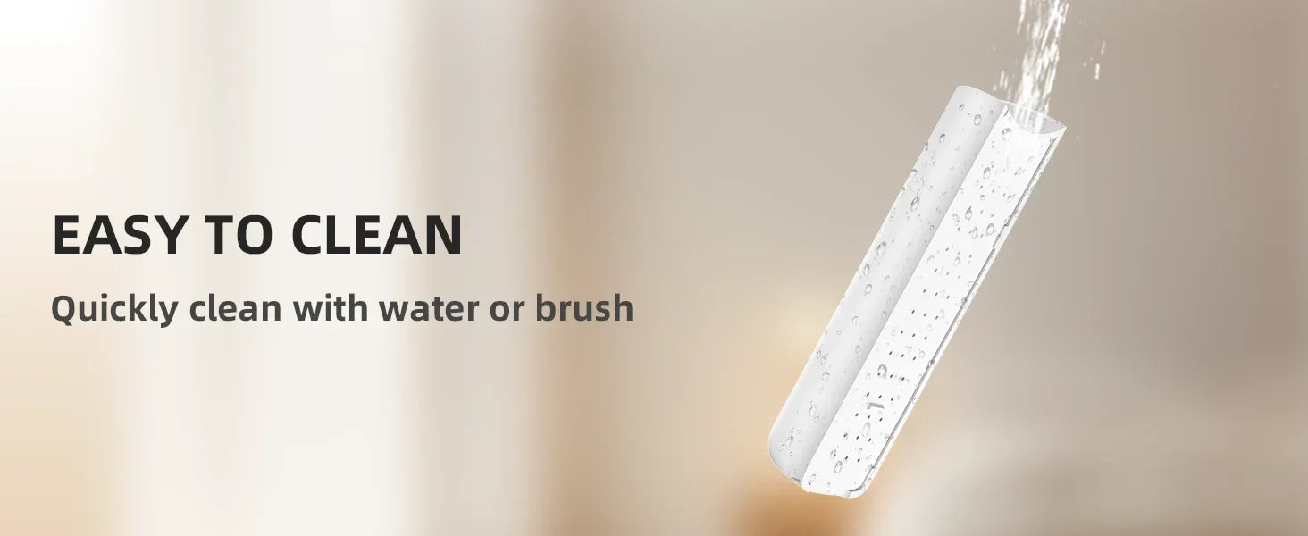 Text indicating that a product is easy to clean with water or brush, with a blurred background.