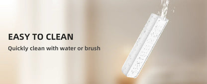 Text indicating that a product is easy to clean with water or brush, with a blurred background.