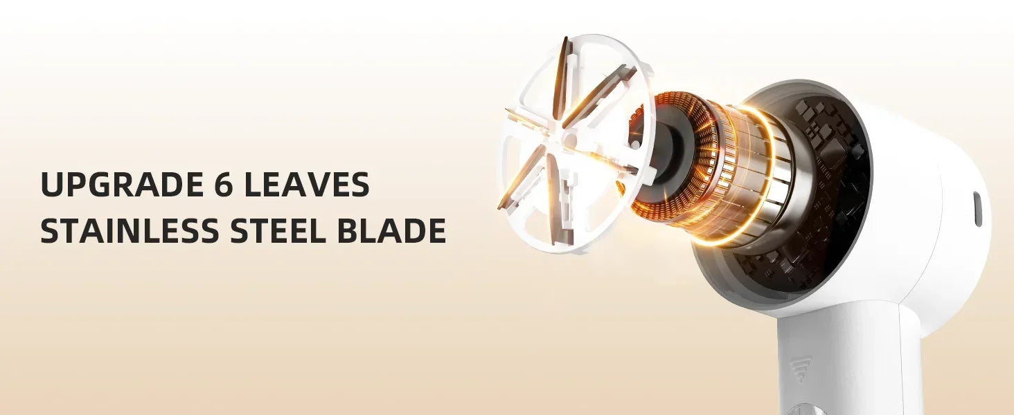 Hair dryer with a focus on the blade mechanism, highlighting 'Upgrade 6 Leaves Stainless Steel Blade' text.