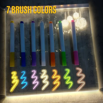 Set of 7 colorful markers with neon light effects on a reflective surface.