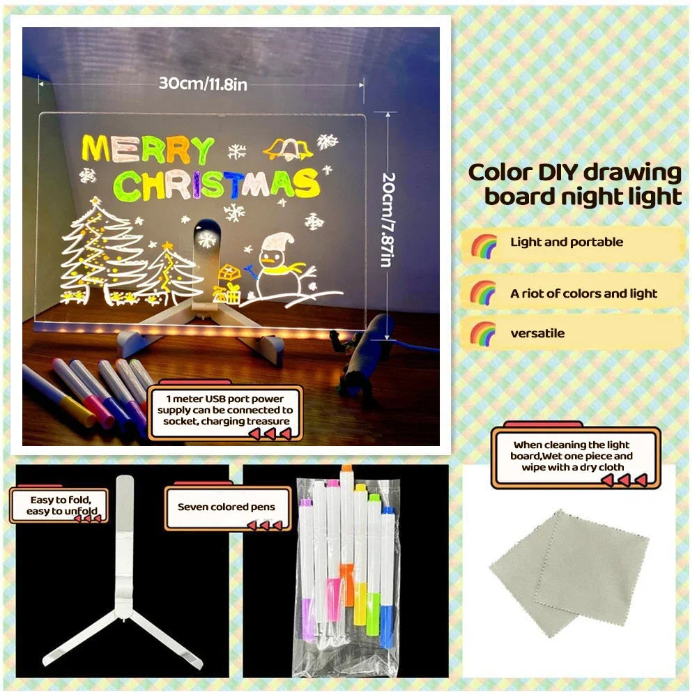 Color DIY drawing board night light with Christmas design, markers, and cleaning cloth.