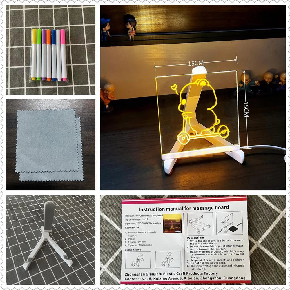 Collage of items including markers, a cloth, a stand with a light-up display, and an instruction manual.
