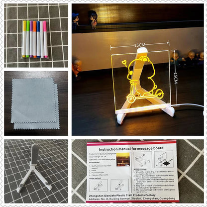 Collage of items including markers, a cloth, a stand with a light-up display, and an instruction manual.