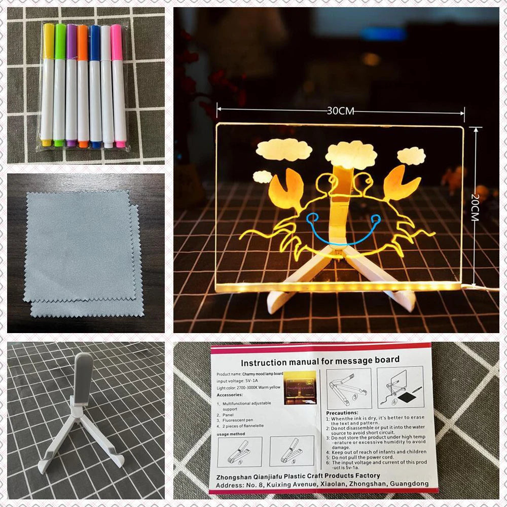 Collage of items including markers, a cloth, a 3D art display, and an instruction manual on a checkered background.