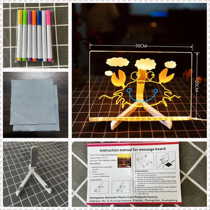 Collage of items including markers, a cloth, a 3D art display, and an instruction manual on a checkered background.