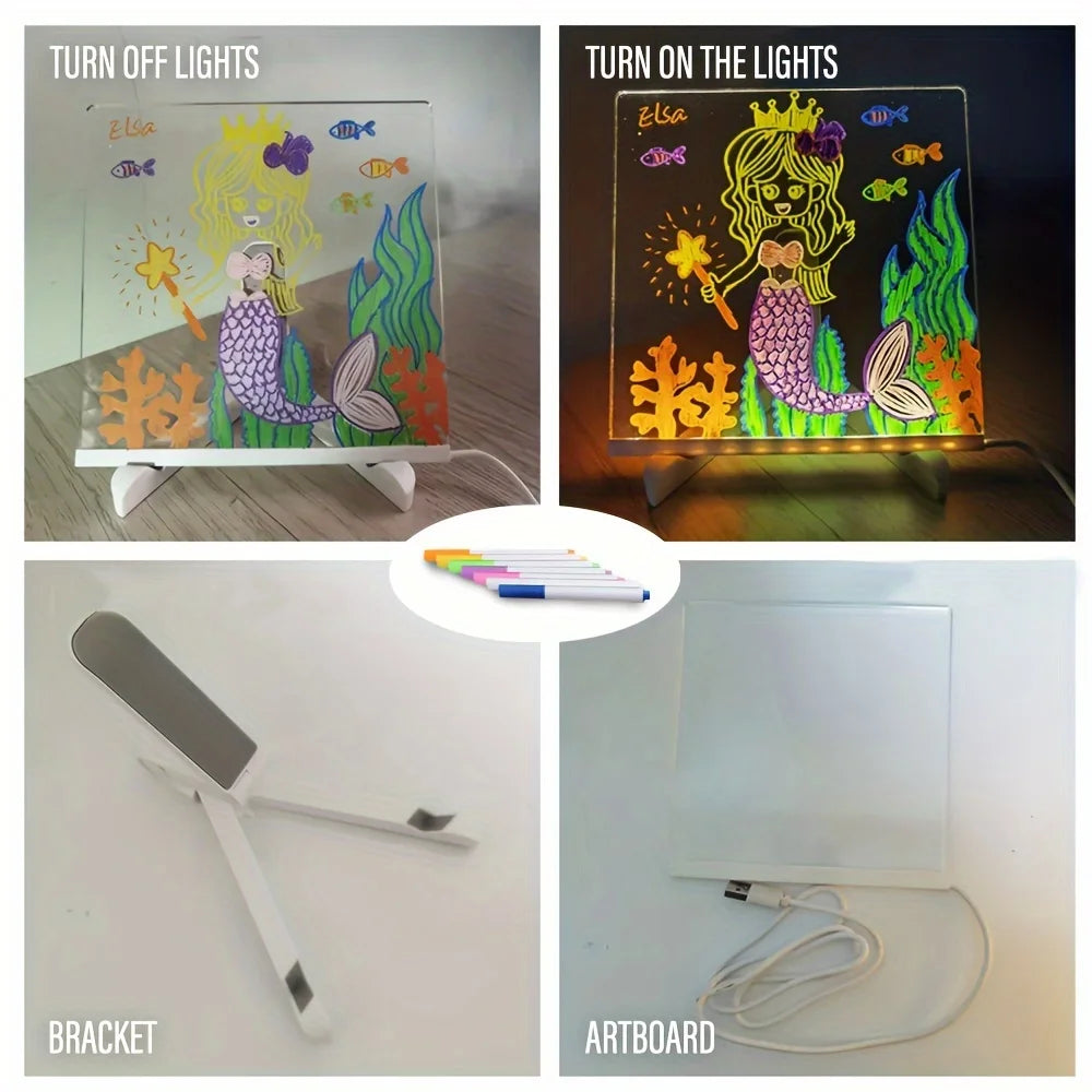 Collage of a mermaid-themed light-up board with accessories on a white background.