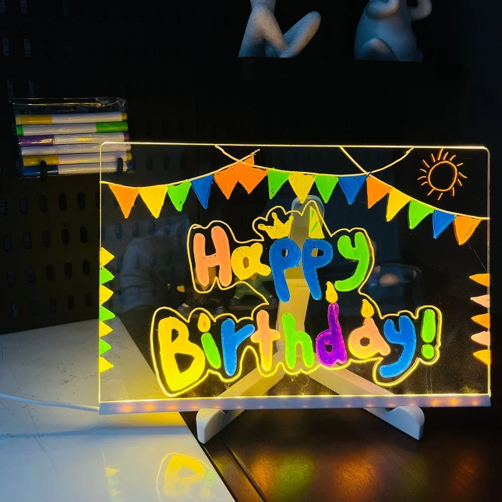 Colorful 'Happy Birthday!' sign with decorative elements on a stand.
