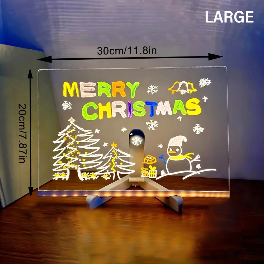 Christmas-themed LED sign with 'Merry Christmas' text and festive illustrations, showing dimensions on a stand.