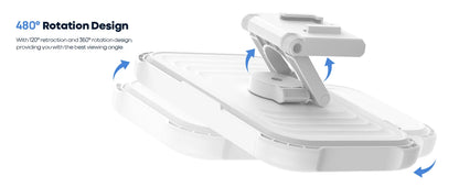 White phone holder with 480-degree rotation design on a white background