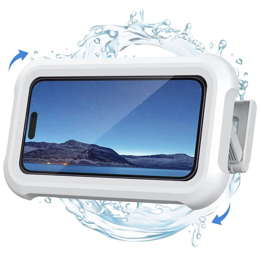 White phone case with mountain view on screen, surrounded by water splashes