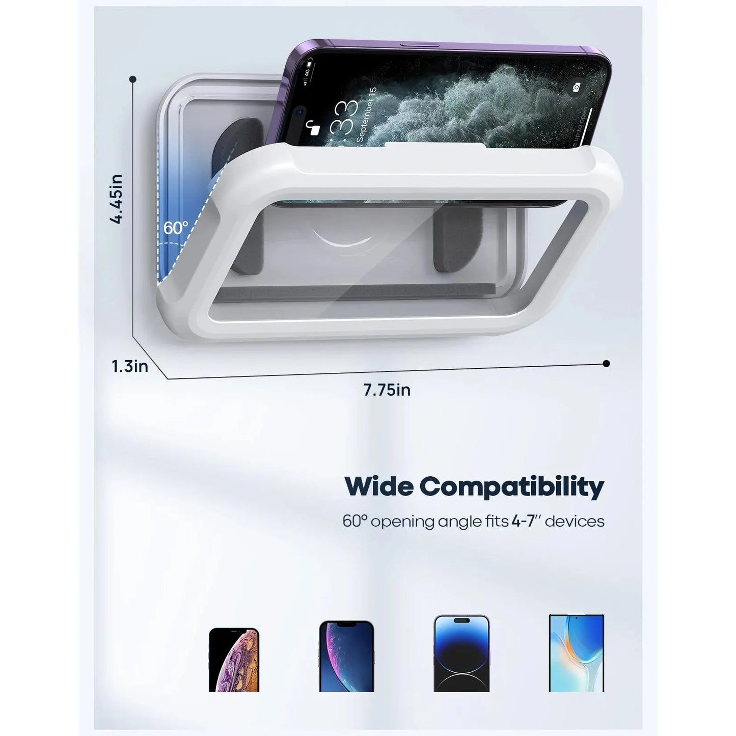 Phone stand with dimensions and compatibility information on a white background