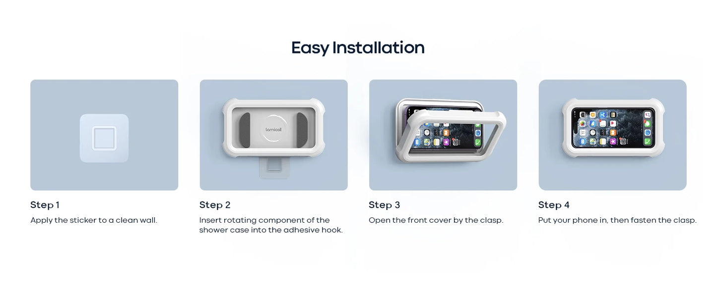 Step-by-step installation guide for a phone holder on a wall.