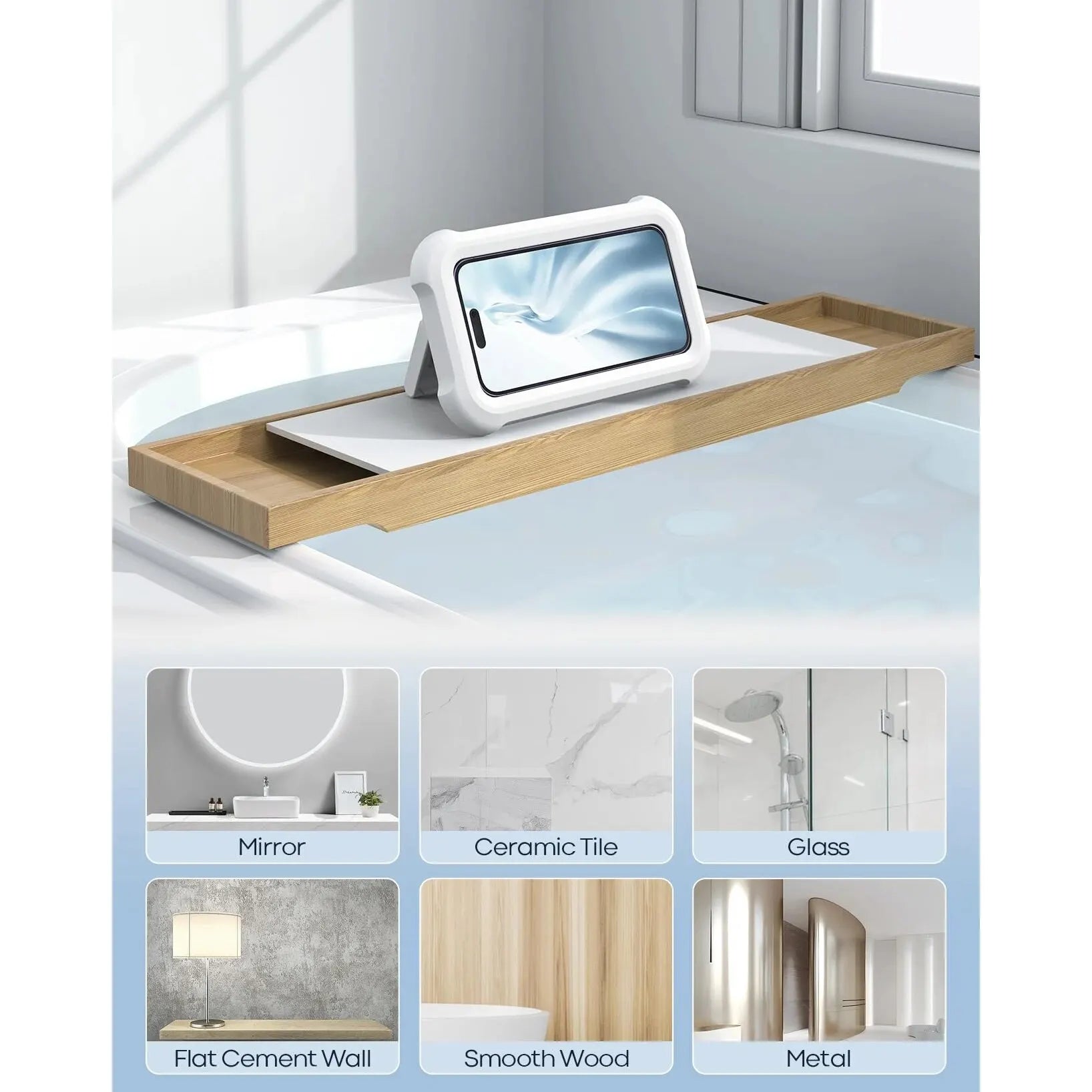 Bathroom shelf with tablet stand on a tiled surface, surrounded by smaller images of different bathroom surfaces.