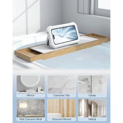 Bathroom shelf with tablet stand on a tiled surface, surrounded by smaller images of different bathroom surfaces.