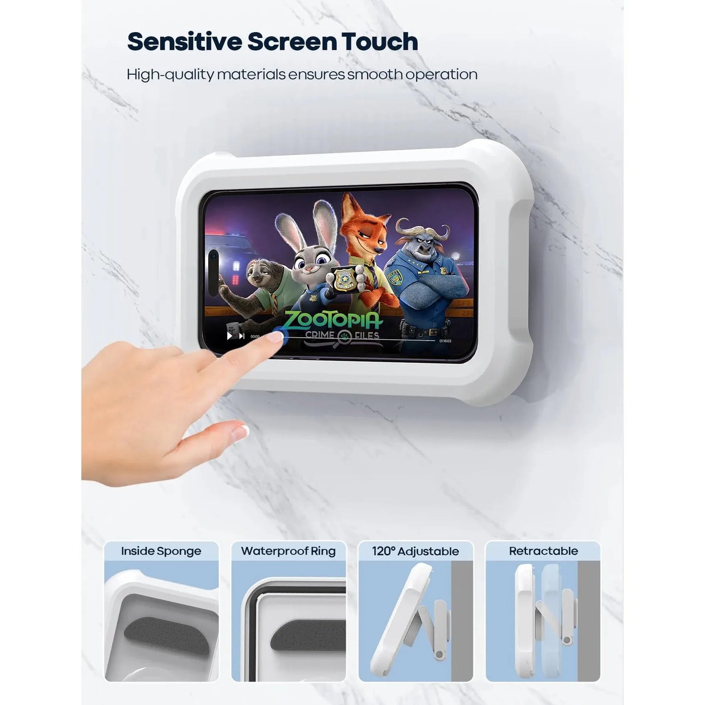 Digital display with cartoon characters on a white background, featuring text about sensitive screen touch and product features.