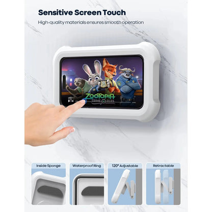 Digital display with cartoon characters on a white background, featuring text about sensitive screen touch and product features.