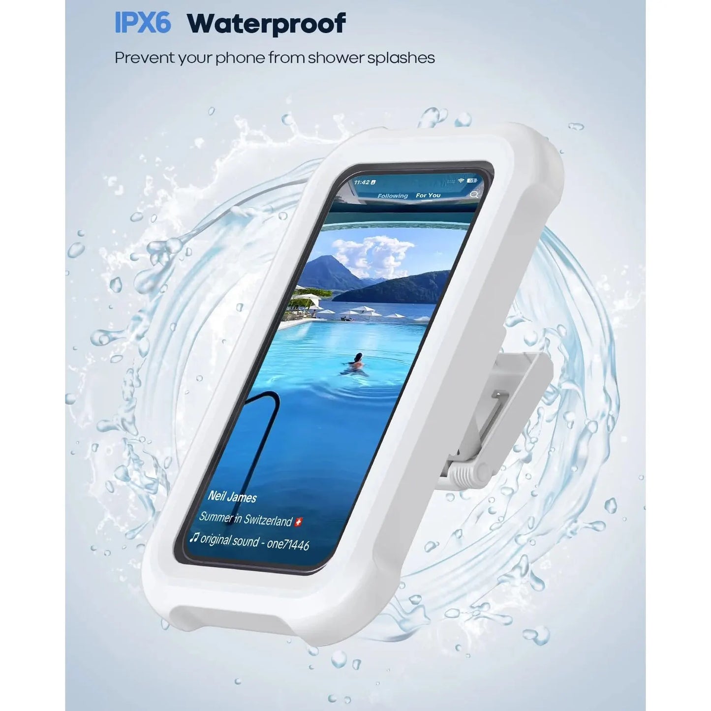 White waterproof phone case with a phone screen displaying a music app on a light blue background.