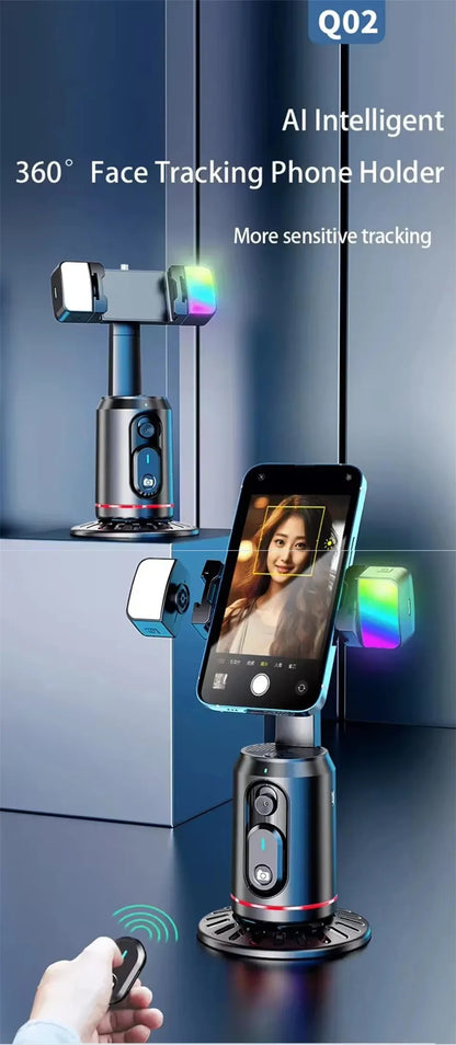 AI Intelligent 360° Face Tracking Phone Holder with smartphone on a reflective surface